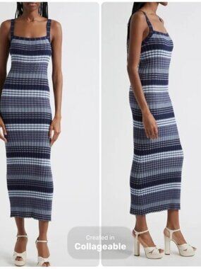 Ramy Brook Striped Navy Knit Maxi Dress Preppy Feminine Nautical Stretch